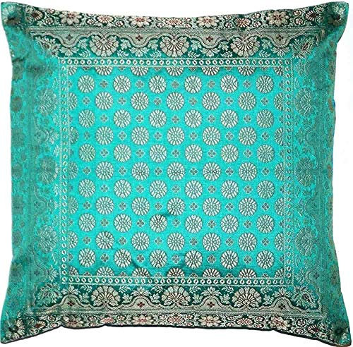 Ruwado Indische Banarasi Seide Kissenbezug, Zierkissenbezug, Sofakissenbezug, Dekokissen, Zierkissen - 40x40 cm | 16x16 Zoll ***Handgewebt und Handgefertigt aus Kaschmir-Indien*** (Türkis-Grün)
