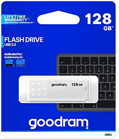 Goodram - UME2 USB Stick, Flash-Laufwerk USB 2.0, 128 GB - Lesegeschwindigkeit bis zu 20 MB/s - Schreibgeschwindigkeit bis zu 5 MB/s - Schutzkappe - Rutschfestes Material - Weiß