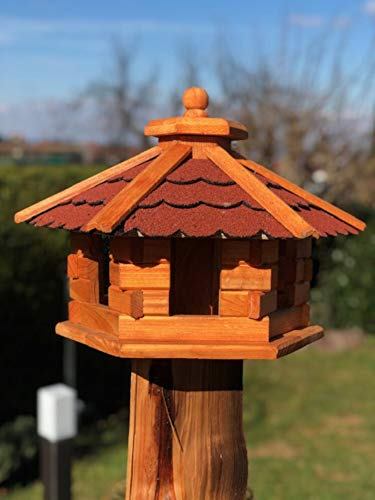 DARLUX Handgefertigtes Sechseck Vogelhaus aus Holz wetterfest M - XXL mit und ohne Ständer, Futterhaus, Futterhäuschen (Größe M ohne Ständer, Rot - Braun)