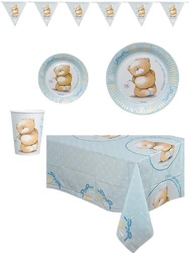 Kit Decorazioni Set Bimbo Azzurro Festa Piatti Tovaglia Bicchieri Bandierine 32 pz.