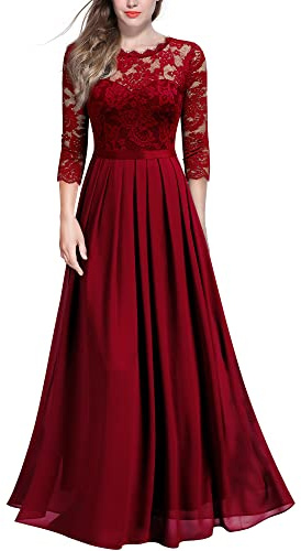 MIUSOL Women's Retro Floral Lace 3/4 Sleeve Wedding Bridesmaid Maxi Dress (X-Large, Red)