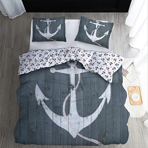 WQIZXCW Bettwäsche 200x220 3 Teilig, Anker Wendebettwäsche - 110gsm Weiche Microfaser, Maritim Grau Bettbezug mit Reißverschluss und 2 Kissenbezug 80x80 cm