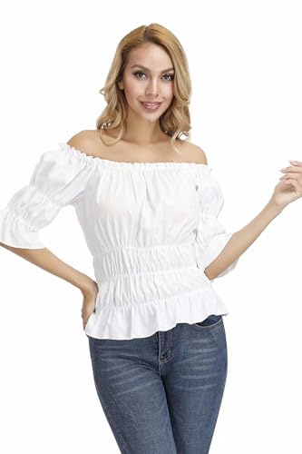 Josamogre Chemiser Femme Retro Vintage Renaissance Gothique Manche Court Col Bateau Blouse Epaule Nue Bustier Sexy Steampunk