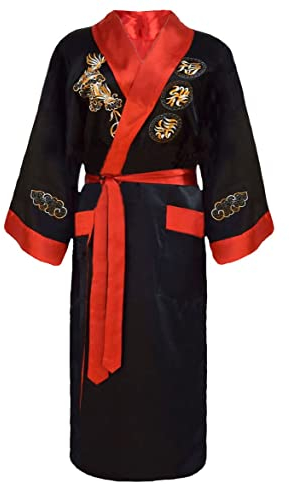 Bon amixyl Peignoir Unisexe Kimono Japonais Chinois Dragon Pyjama Cardigan Kimonos Robe de Chambre en Satin Peignoir Rouge L
