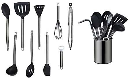 ECHTWERK Ustensiles cuisine, 10 pièces, silicone antiadhésive, manche inox, support, édition noire.