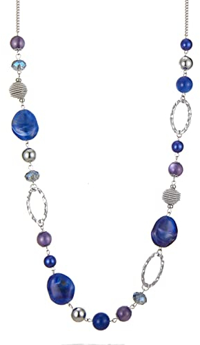 Bulinlin Silber Perplen Lang Kette für Damen Boho Statement Chain Halskette Modeschmuck Geburtstagsgeschenke für Frauen (52-Sapphire)