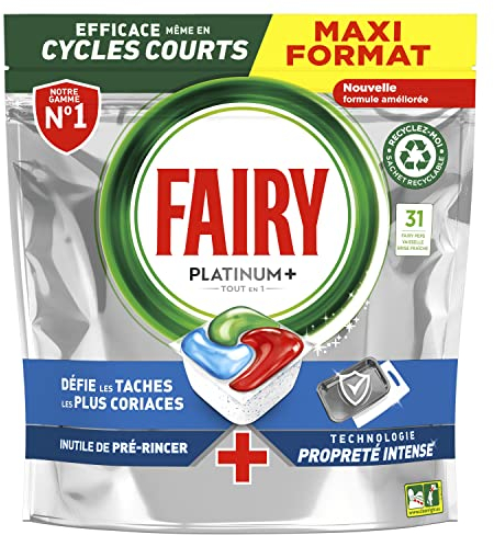 FAIRY Platinum Plus Tablettes Lave-Vaisselle All In One, Brise Fraîche Aux Herbes, Nettoyage Optimal Pour Une Vaisselle Propre Comme Neuve, Redonne De L’Éclat Et Prévient Le Calcaire, 31 Capsules
