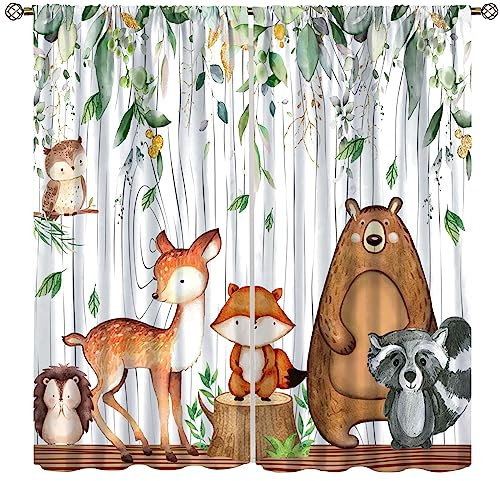 Waldtier-Vorhänge, Aquarell-Wildtier-Bär, Fuchs, Hirsch, Kinder-Fensterbehandlungen für Wohnzimmer, Schlafzimmer, grüner Wald, Baum, Kinder, Vorhänge, 2 Paneele, 160 x 160 cm