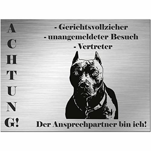 Indigos UG - Schild Pitbull Terrier - bedruckt - Gerichtsvollzieher und Vertreter - Aluverbundplatte Edelstahl Look - 20x15 cm - Spruch - Deko Geschenkidee für Ihren Hund - Zaun - Türschild