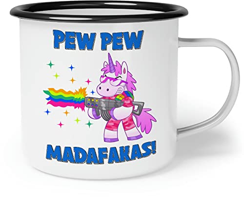 OM3® lustige Emaille-Tasse mit Spruch - Einhorn Regenbogen Pew Pew Madafakas | Emailletasse Emaille Becher | 12oz 300ml | Beidseitig Bedruckt | Weiß-Schwarz