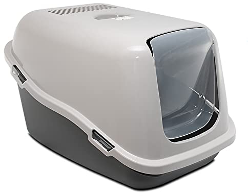 GREATAIGOO Arenero Grande de Plástico Resistente con Cubierta de Tapa Abatible,Arenero para Gatos Blanco Gris Oscuro Plástico, (Gris Oscuro)