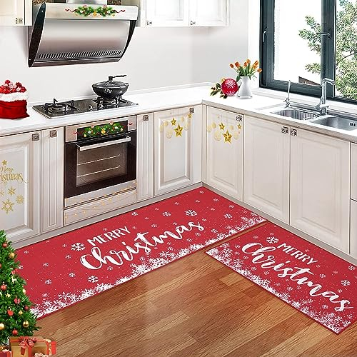 CAROMIO Frohe Weihnachten Küchenteppich, leinenähnliches Geflecht Weihnachtsschneeflocke Küchendekoration rutschfeste Waschbare Küchen Fußmatten für die Winter Heimküche, 40 x 60 cm + 40 x 120 cm