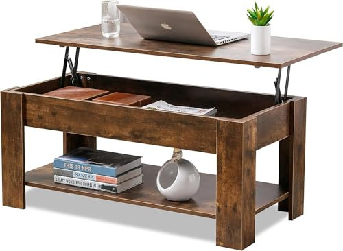 Blisswood Wooden Coffee Tables, Lift Top Coffee Table For Living Room, Coffee Table With Storage With 1 Shelf Large Hidden Storage Lift-Top Sofa End Tea Table Rustic Brown 120x60x(49.5-62.5) H cm