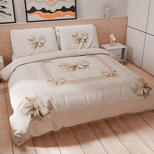 PETTI Artigiani Italiani - Set Copripiumino Matrimoniale 250x200 cm (2 Federe 50x80 cm Incluse), Parure Copripiumino Morbida Microfibra con Stampa Digitale - Made in Italy - Fiocco Beige