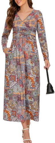 chuangminghangqi Femme Robe de Poche à Manches Longues Robe Fleurie Portefeuille Imprimee Robe A-Line Col en V Automne Robe d'été Casual Longue Élégante Soirée Fête (Fleur Rose,XL)