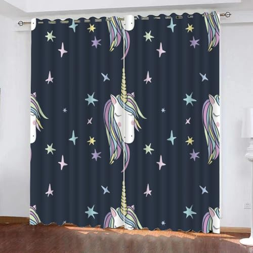 GIOVIA 3D Einhorn Vorhänge Abdunkelnde mit ösen 2 Stücks Gardinen Blickdicht Verdunkelungs Sterne Einhorn Kälteschutz Scheibengardinen für Junge Mädchen Schlafzimmer B 280 X H 260 cm