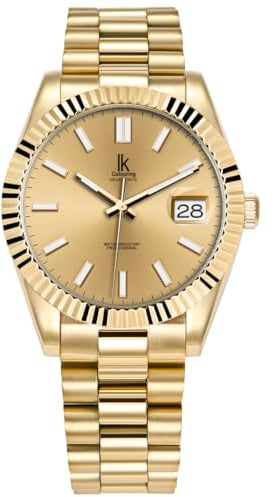Alienwork Armbanduhr Herren Damen Gold Edelstahl Metallarmband Kalender Datum Klassik Elegant