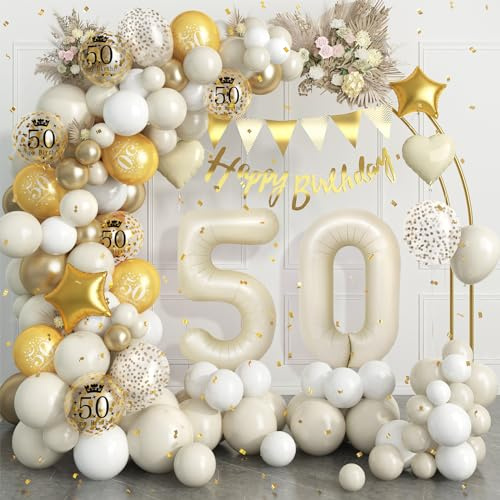 50th Birthday Decorations for Sand White Gold,50th Birthday Balloon Arch Garland Kit With Number 50 Foil Balloons for Women Men 50 Party Decoration