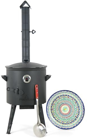 ZARENHOFF Utschak Plov Set Ø 40 cm | Kazan 12 L runder Boden | Lagan Set | Feuerofen aus 2mm Stahl | Kazan Ø40 cm mit rundem Boden | inkl Thermometer | Lagan Teller 34cm | Schaumlöffel | Outdoor Küche