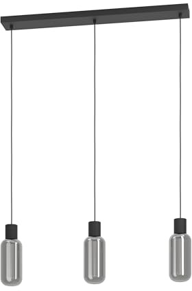 Eglo Pendant Lamp Maione, Smoked Glass Above Dining Table | 3-light ceiling light hanging, black metal and grey tinted glass, E27 socket, 77 cm length