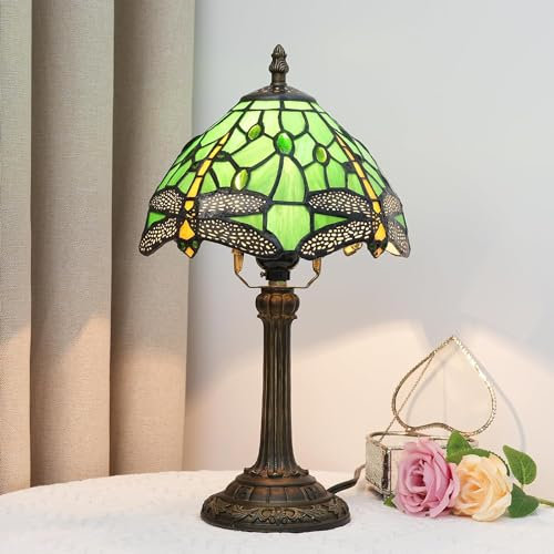 Lywins E27 Tischlampen 8 Zoll E27 Tischlampe Tiffany Farbiges Glas Schlafzimmer Nachtlicht Kreative Lampe Für Bar Cafe Home Decor (Grüne Libelle)