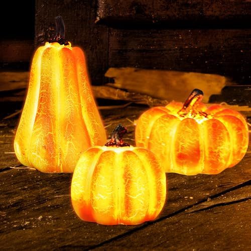 TZQFROCE Herbstdeko Kürbis Deko Figuren 3 Stück Herbst Deko Kürbis Laterne Halloween De-ko Kür-bis Beleuchtet für Tischde-ko, Erntedankfest, Halloween, Party, Garten