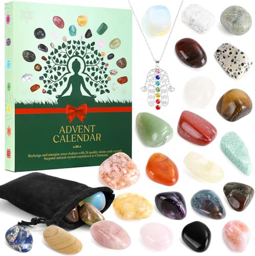 LINROMIA Adventskalender 2024 Kristalle für Frauen, Weihnachtskalender Edelsteine Adventskalender mit 24 PCS Natürliche Chakra Steine und Halskette für Meditation Yoga, Weihnachtsgeschenke für Frauen