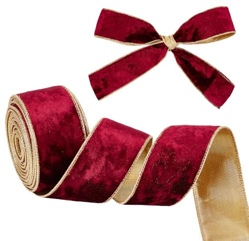 OLYCRAFT 9 m Dunkelrotes Samtband Mit Draht 5cm Breites Samtband Einseitiges Samtstoffband Mit Besatz Aus Samt Mit Goldrand Zum Verpacken von Geschenken Zum Basteln von Schleifen Weihnachtsdekoration