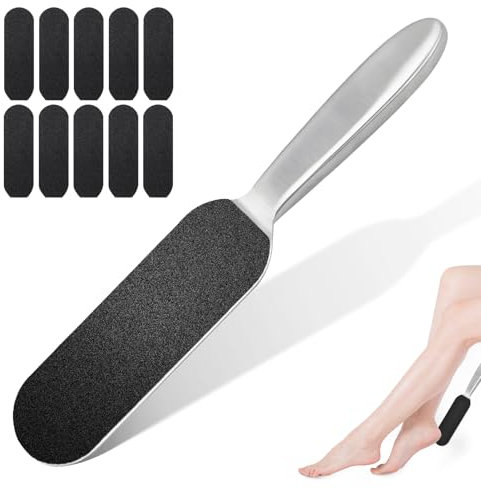 COCOMAX Foot File, Callus Remover for Feet, Stainless Steel Pedicure and Dual Sided Foot Files Hard Skin Remover Professional Foot Care Tool, with Ten Free Refill Grits Double-Sided Replacement Pads