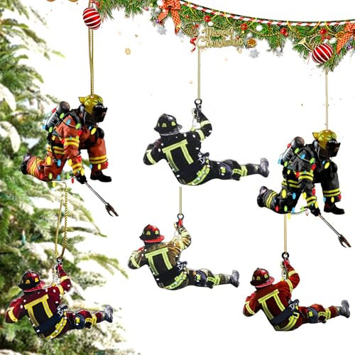 6 Stück Weihnachtsbaum Feuerwehrmann Acryl Ornamente, Doppelseitige Feuerwehrmann Weihnachten Deko Weihnachtsbaum Anhänger, für Wandfenster, Baum, Auto-Rückspiegel-Zubehör