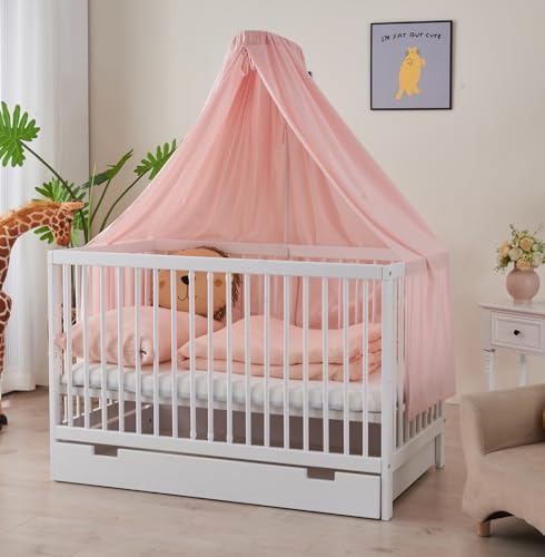 ALAVYA HOME® Komplettbett Babybett 70x140 mit Matratze, Schublade, Himmel und Himmelstange aus Buchenholz (Tobi - Schublade + Himmel Rosa + Himmelstange, 70 x 140 cm)
