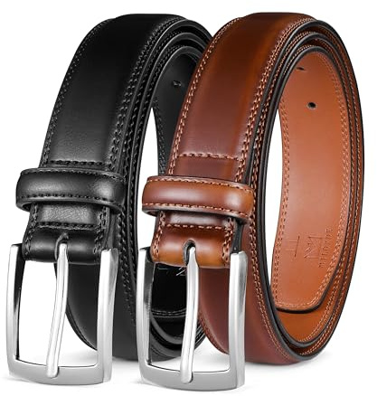 MILORDE Men's Leather Dress Belt 2Pack, Handmade, Genuine Leather, Fashion & Classic Designs for Work Business and Casual