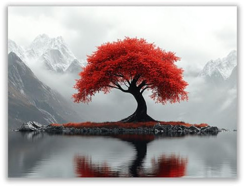 DMZPKZB Arbre De Vie Decoration Montagnes Arbre De Vie Personnalisé Tableau Murale Decoration, Vintage Toile DéCoration, Pour Le Salon, La Maison, Le Bureau, La Chambre Rouge,G-80x120cm Sans cadre