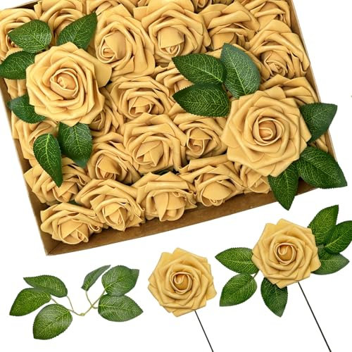 Luerbi Lot de 30 roses artificielles en mousse dorée avec tiges, aspect réaliste pour bouquets de mariage, Saint-Valentin, fête prénuptiale, arrangements de table, décoration de table