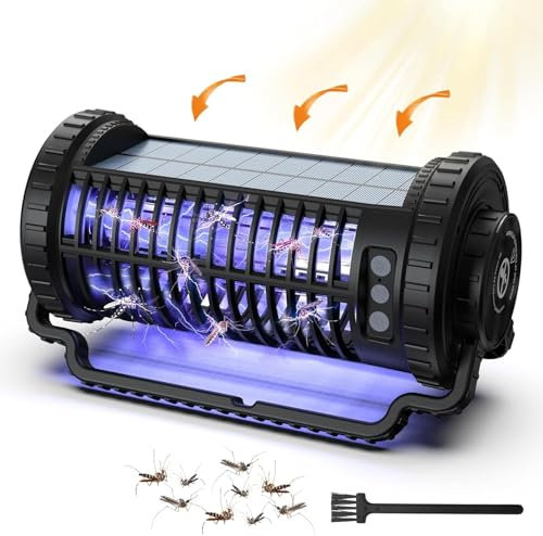 Lampara Antimosquitos Solar, 4200V Antimosquitos Electrico con Luz LED, 3 en 1 Mata Mosquitos para Exteriores e Interiores con USB Recargable para Cocinas, Hogar, Jardín, Patio, Camping, Negro