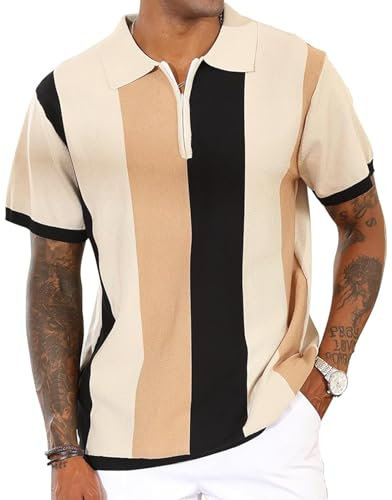 Men's Fashion Polo Shirts Vintage Striped Knitting Shirts Casual Slim Fit Golf Shirts Apricot L