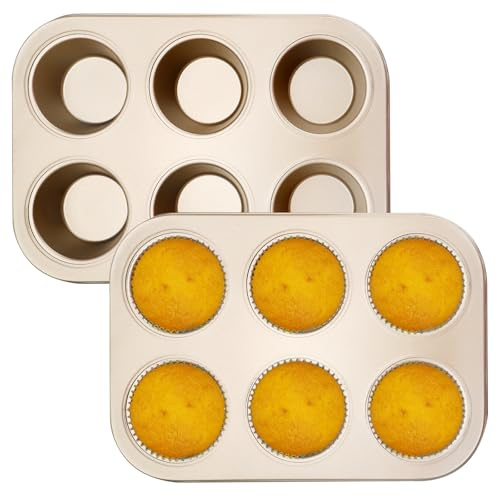 APOMOONS Juego de 2 moldes para muffins de acero al carbono para 6 - Molde para muffins - Recubrimiento antiadherente - Apto para hornear pasteles y budines