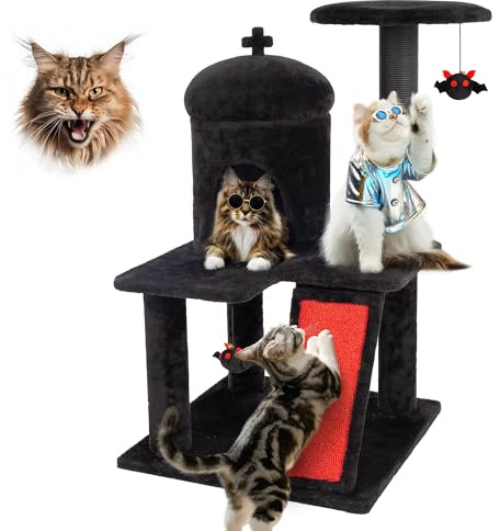 KAMABOKO Gothic Cat Tree, 36.4” Black Cat Tower for Indoor Cats with Sisal Scratching Posts, Spacious Cat Condo, Self Groomer, Bat Hanging Ball, Halloween Cat Tree Tower for Large Cats, Black and Red