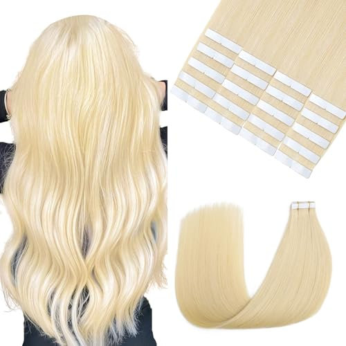 Sindra Tape Extensions Echthaar Tape in Extensions Echthaar Platinblond Human Hair Haarverlängerung 20pcs 50g 35cm Invisible Blonde Seidig Gerade T#60 14 Zoll