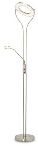 KHG Meisterleuchten LED-Deckenfluter 2-flammig Chrom Silbergrau Drehdimmer Schwenkarm Metallgestell Acryllampenschirm runder Leuchtenfuß 3000K 1560 Lumen