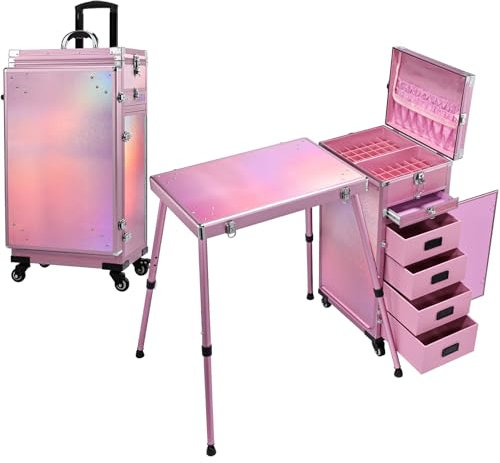 Kosmetik Trolley mit Tisch und 5 Schubladen Professioneller Kosmetikkoffer mit Rollen Nagelkoffer mit Manikürtisch Make up Koffer Großer Friseurkoffer Nageltisch Mobile Makeup-Station,Rosa