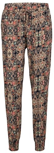 Easy Young Fashion Damen Sommerhose - Florale Freizeithose mit elastischem Bund - Lange Boho Hose - Strandhose Stoffhose aus Baumwolle 777 - (Coral-Schwarz)