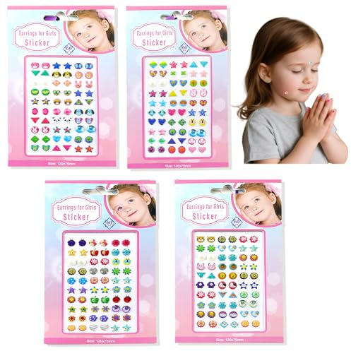 Dcsfadq Klebeohrringe Mädchen mit Glitzer, 4 Bögen 240 Stück Selbstklebende Ohrringe Sticker, 3D Ohrringe Aufkleber für DIY Dekoration, Nagelsticker, Ohrsticker Kinder