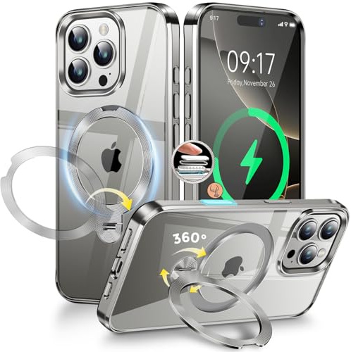 [CD-Metallring & Unsichtbarer 360° Drehständer] Magnetische Hülle für iPhone 16 Pro [Galvanisierter Stoßfester Bumper] [Kompatibel mit Magsafe]Dünne Durchsichtige Hülle mit Ständer – Titan Natur