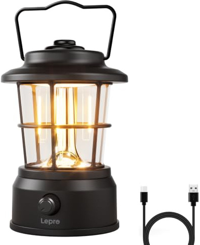 Lepro LED Retro Campinglampe Wiederaufladbar Dimmbar mit Powerbank, Schwarz | USB-C Aufladung,Stufenlos Dimmbar, Powerbank-Funktion, bis zu 160h Laufzeit, Dekorative Laterne für Camping, Garten & Notfall