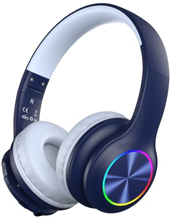 Candy Bila Kids Bluetooth 6.0 Headphones with LED Light, 85Hours Playtimes, Type-C Fast Charging, 85/94dB Volume Limited, Comfort Wireless Headphones with Built-in Mic, Wired & TF Card Mode, Navy Blue