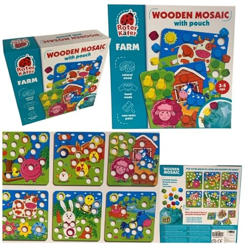 Lernspiel Holz-Mosaik mit Beutel. Bauernhof RW4003: Lerne die Tiere vom Bauernhof mit Holzmosaiksteinen kennen.