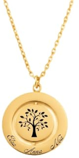 Lyly'S Collier personnalisé arbre de vie acier inoxydable cadeaux fête des mères prénom or argent or rose Noël (Or 2 rond)