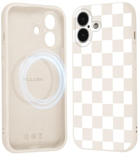 Xylota Handyhülle Magnetische für iPhone 17 Hülle 6,3 Kompatibel mit MagSafe, Aesthetic Kariertes Checkered Muster Mädchen Case, Weich Flüssigem Silikon TPU Stoßfeste Schutzhülle Cover, Beige