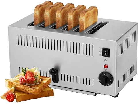 6-Slice Commercial Toaster with Extra-Long 140mm x 38mm Slots, 2500W Stainless Steel Wide Slot Bread Toaster, Adjustable 5 Browning Levels, Manual Pop-Up & Removable Crumb Tray
